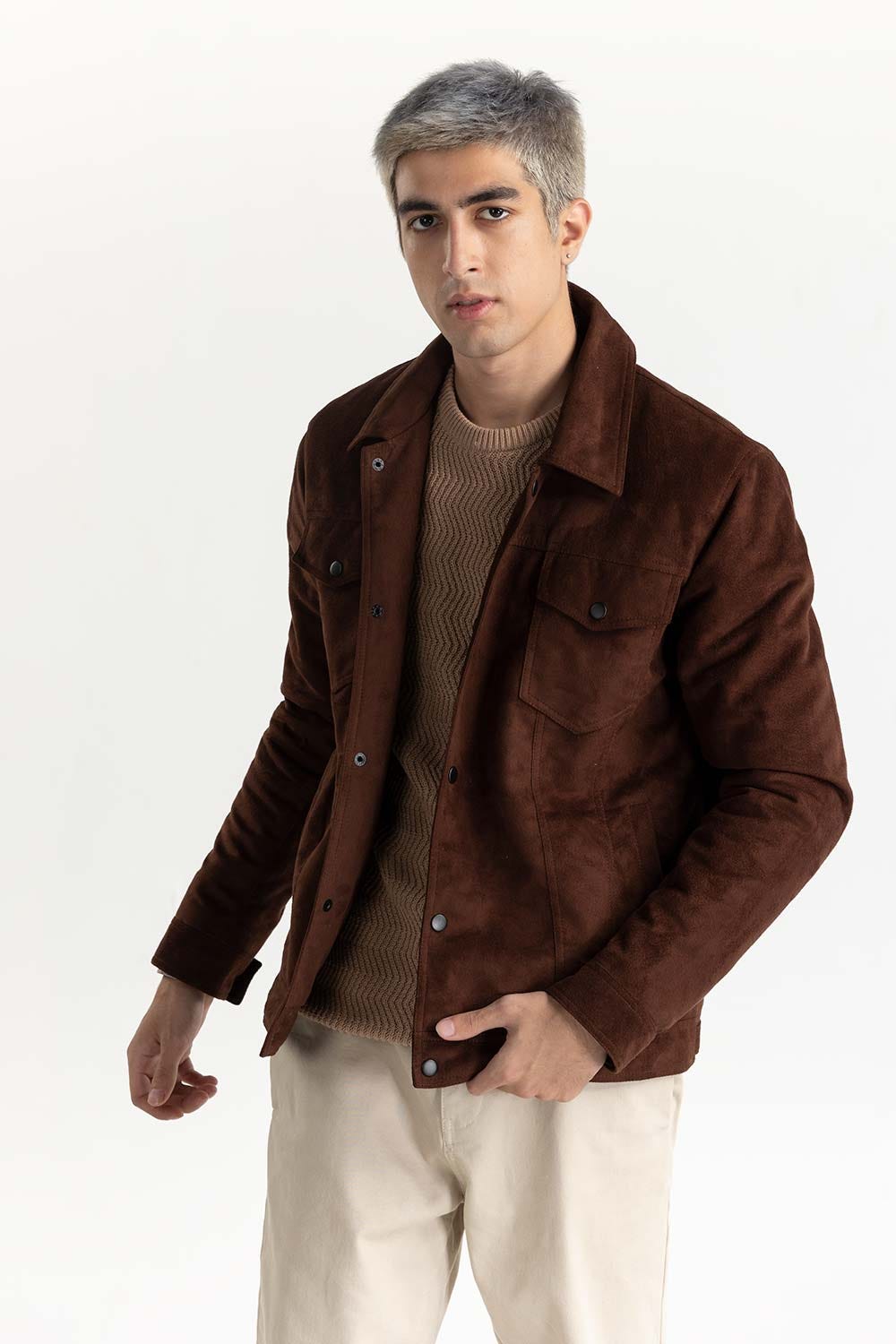 Maroon Suede Trucker Jacket 224-110-009