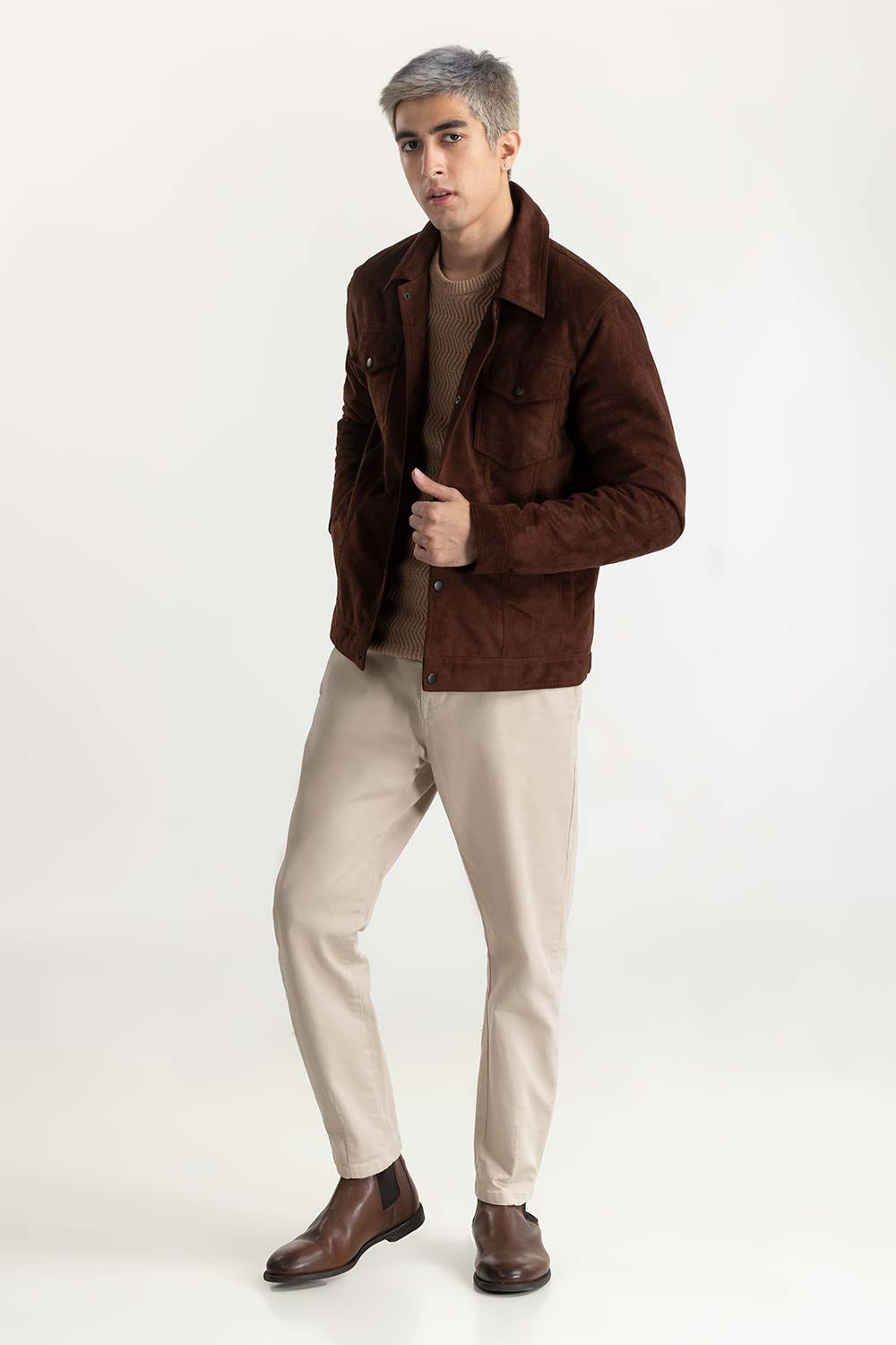 Maroon Suede Trucker Jacket 224-110-009