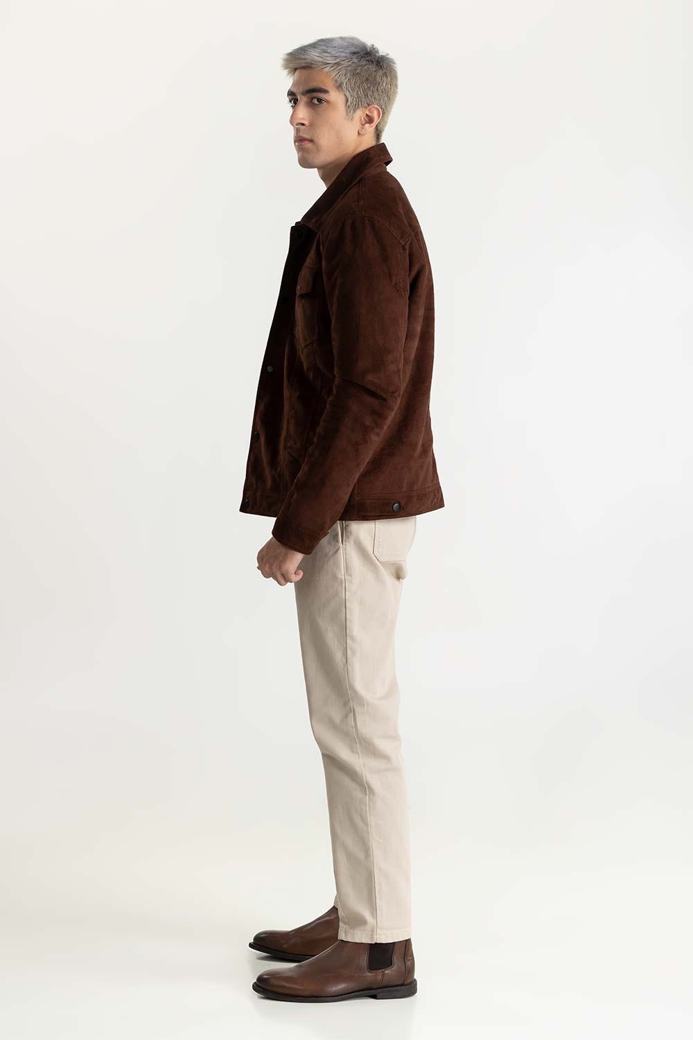 Maroon Suede Trucker Jacket 224-110-009