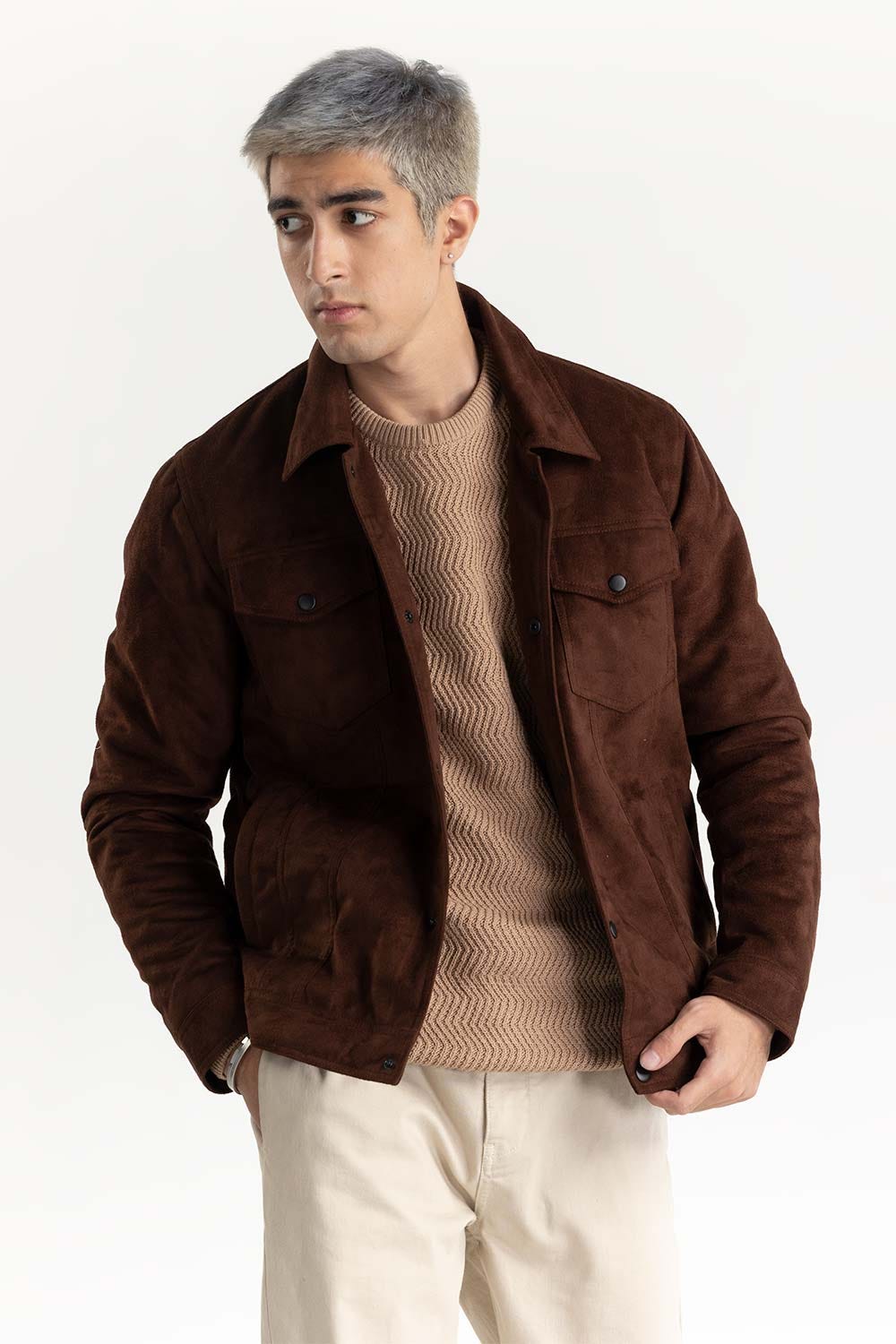 Maroon Suede Trucker Jacket 224-110-009