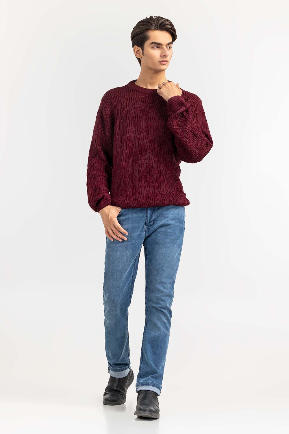 Maroon Textured Crew Neck Sweater SWT-FFSCN22-256