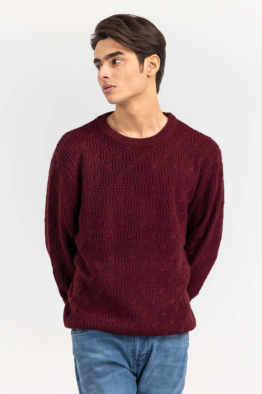 Maroon Textured Crew Neck Sweater SWT-FFSCN22-256