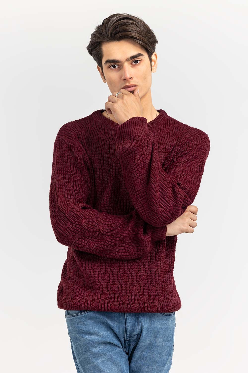 Maroon Textured Crew Neck Sweater SWT-FFSCN22-256