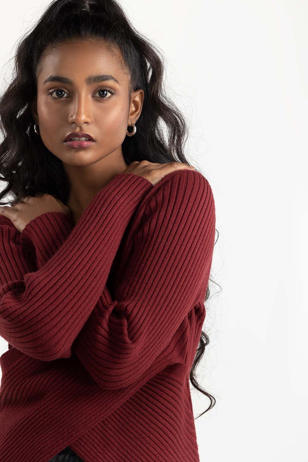 Maroon Wrap Sweater 224-211-032