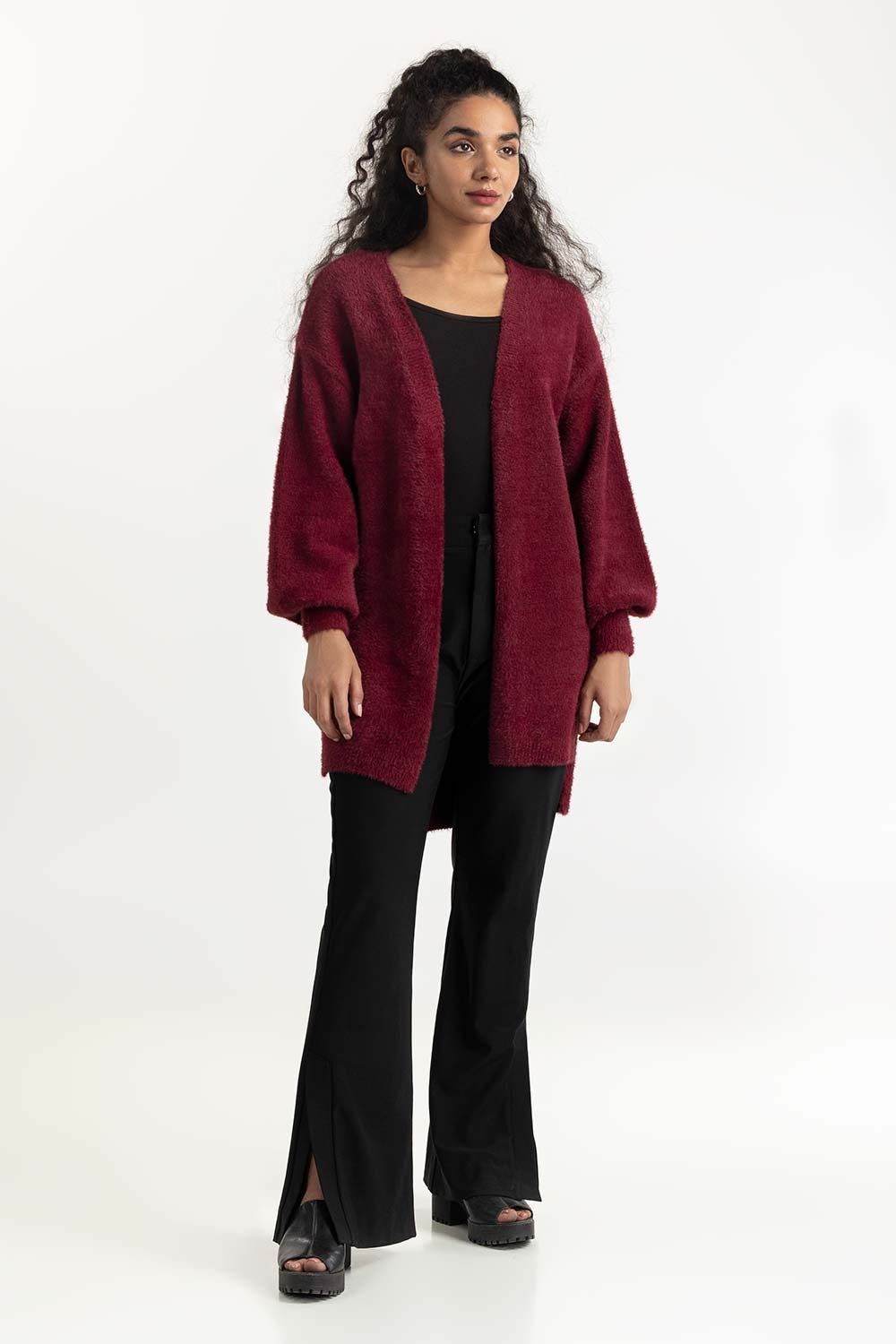 Maroon High-Low Open Cardigan 224-211-064