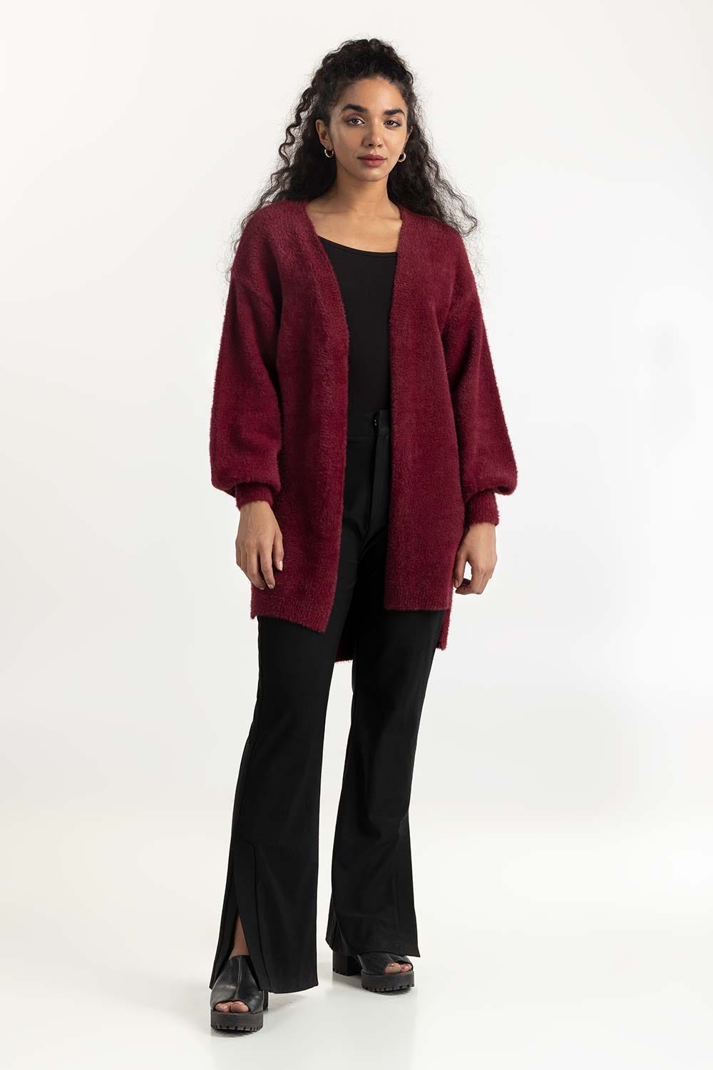 Maroon High-Low Open Cardigan 224-211-064