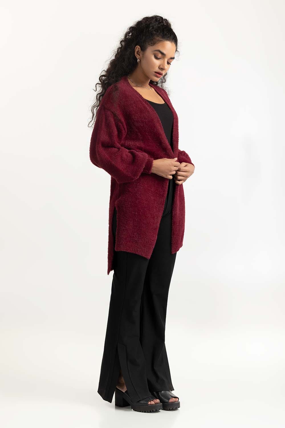 Maroon High-Low Open Cardigan 224-211-064