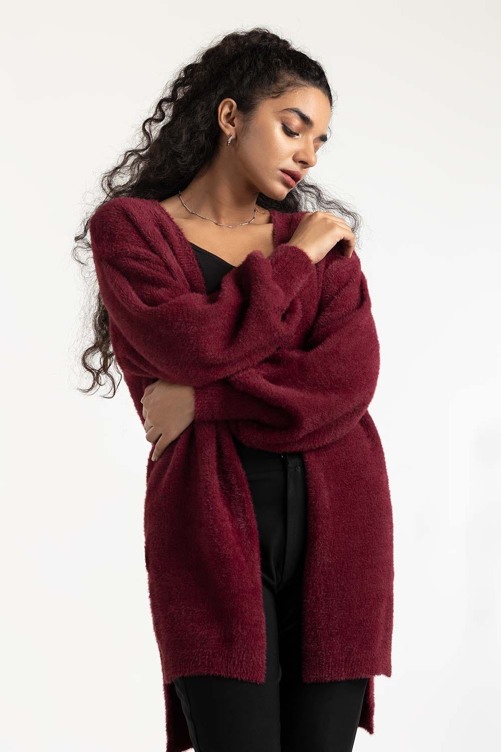 Maroon High-Low Open Cardigan 224-211-064