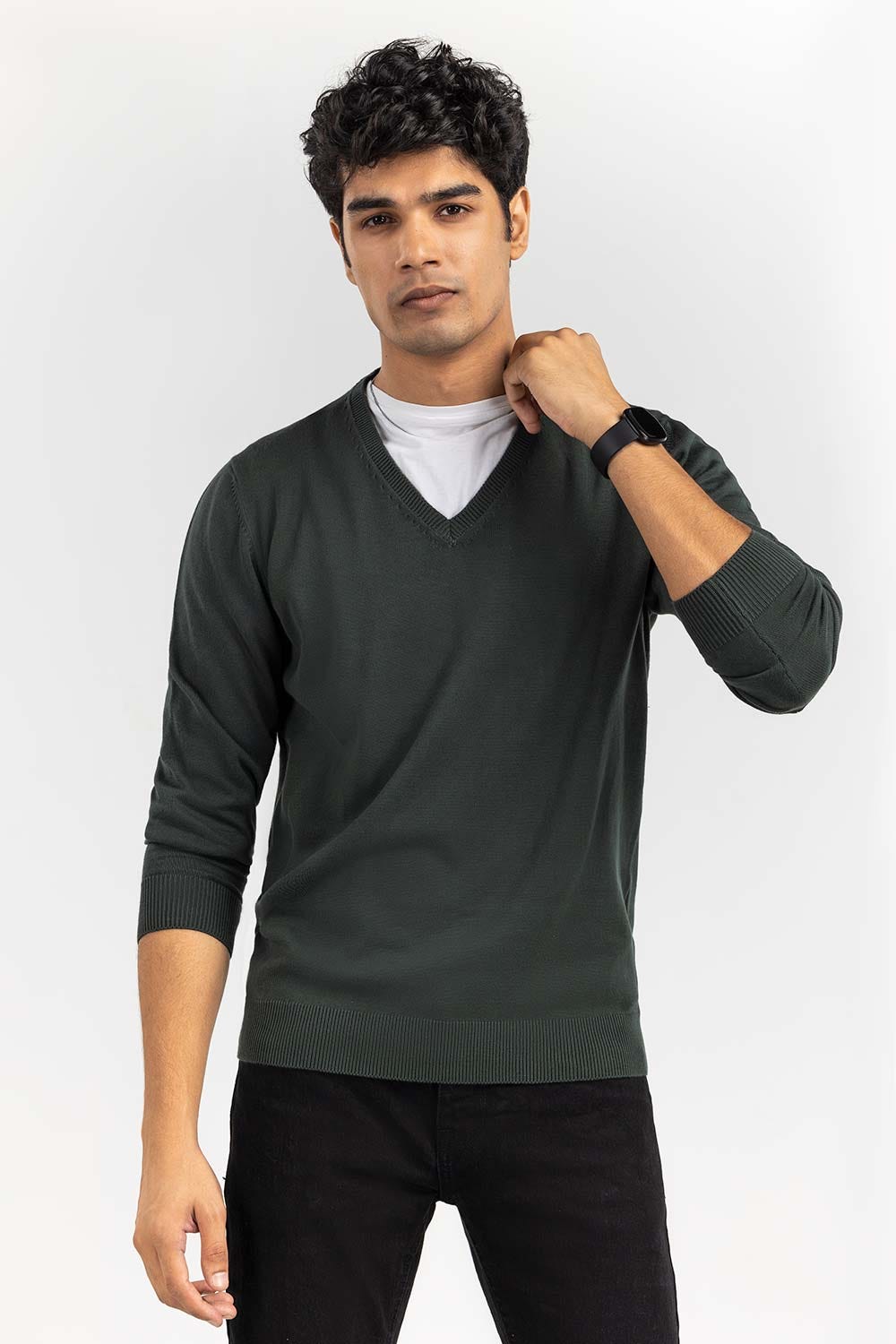 Military Grey Basic V Neck Sweater SWT-BFSVN-22-009