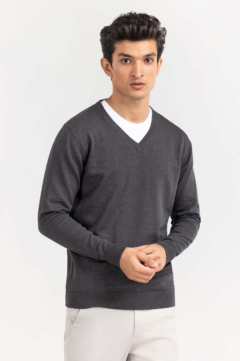 Military Grey Basic V Neck Sweater SWT-BFSVN-22-009