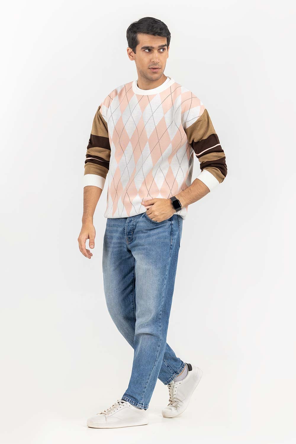 Multi Color Argyle Drop Shoulder Sweater SWT-FFSOS22-113