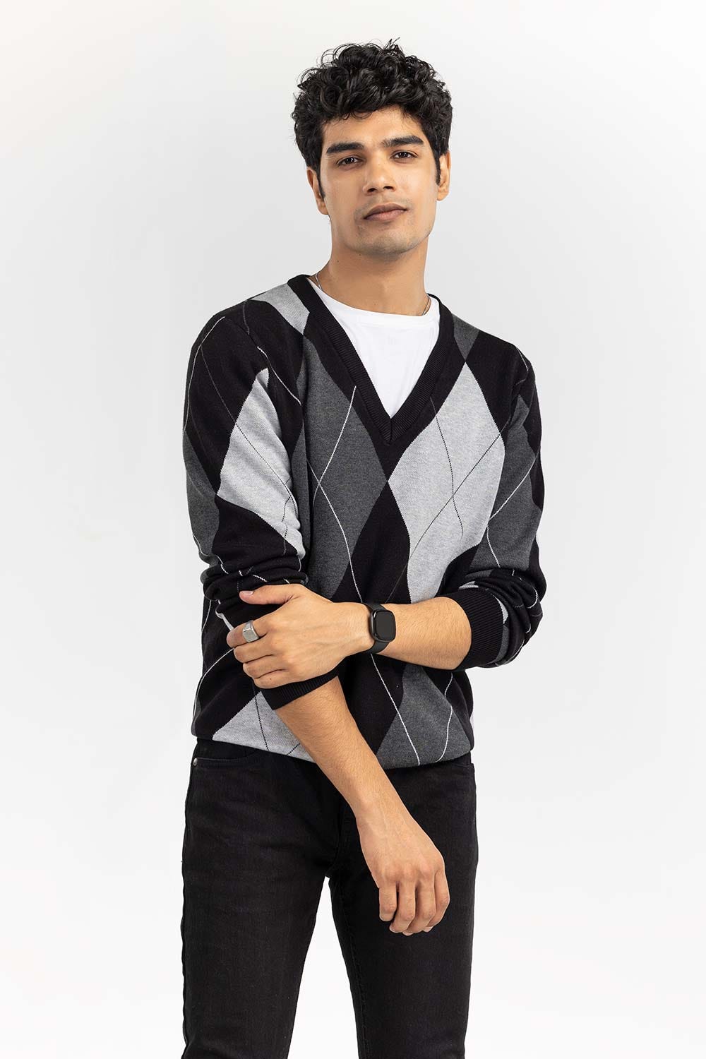 Multi Color Argyle V Neck Sweater SWT-FFSVN22-244
