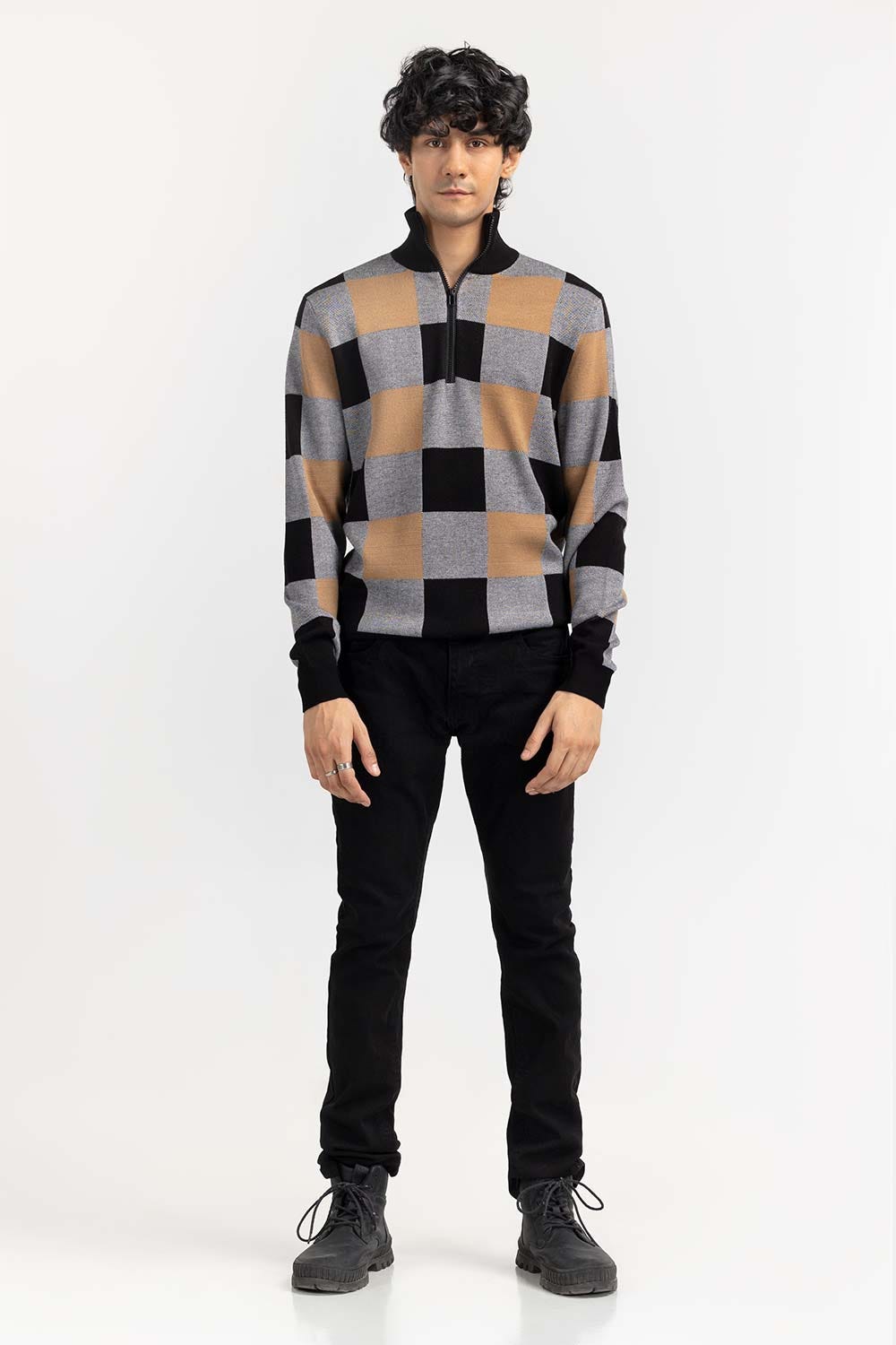 Multi Color Checkered Mock Neck Half Zip Sweater SWT-FFSMNZ22-237