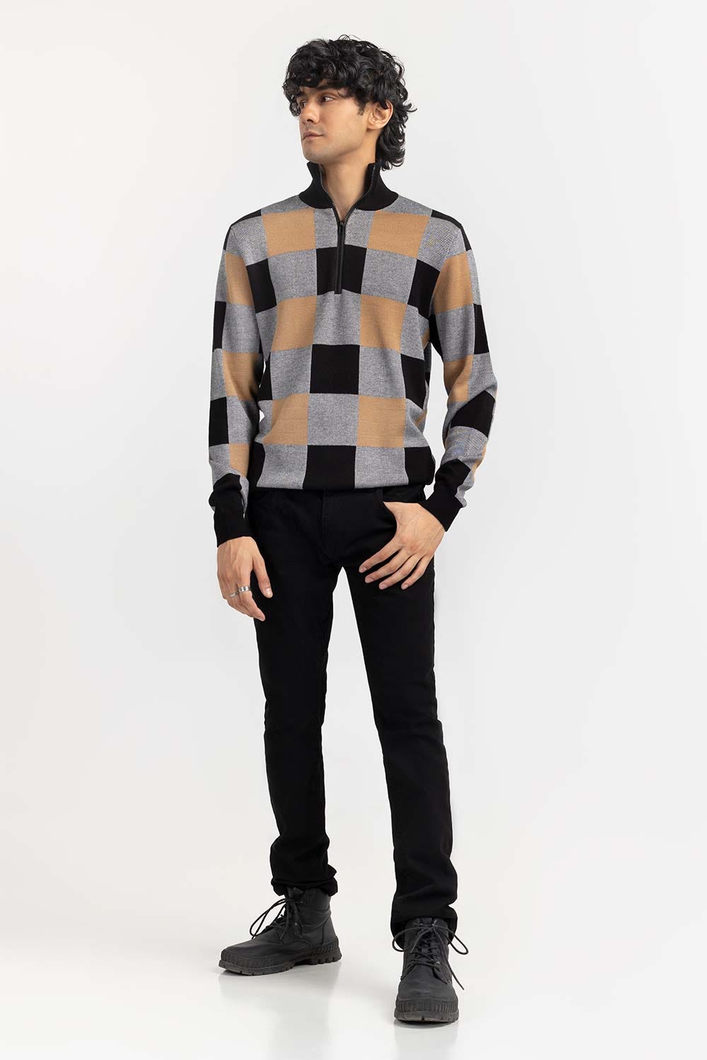 Multi Color Checkered Mock Neck Half Zip Sweater SWT-FFSMNZ22-237