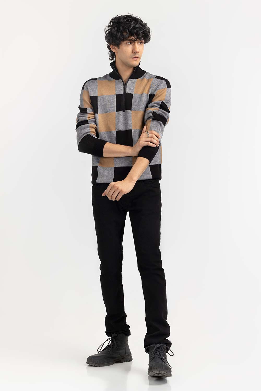 Multi Color Checkered Mock Neck Half Zip Sweater SWT-FFSMNZ22-237