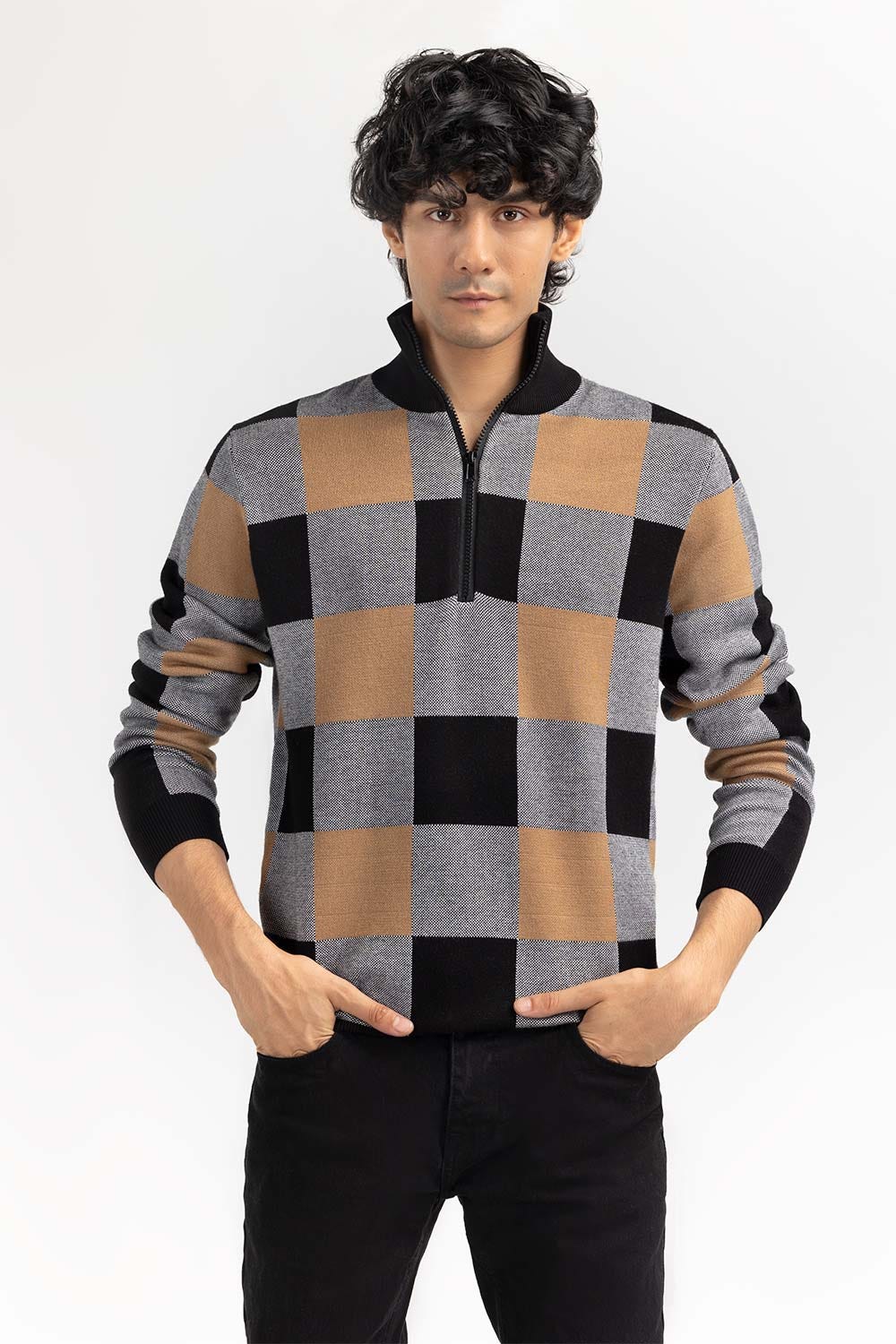 Multi Color Checkered Mock Neck Half Zip Sweater SWT-FFSMNZ22-237