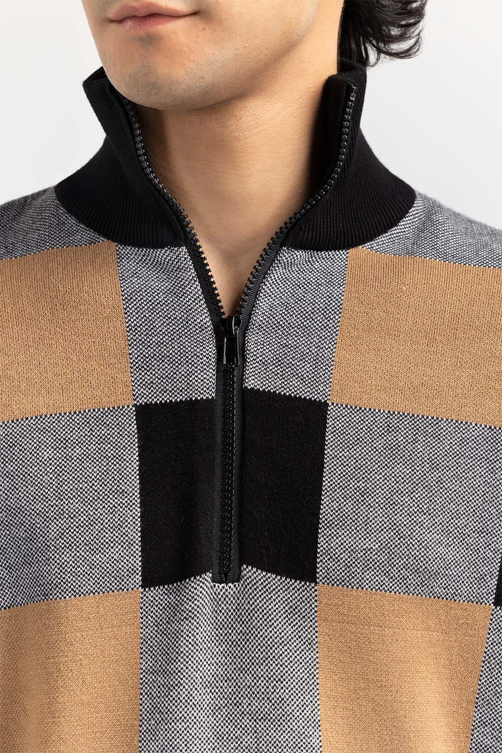 Multi Color Checkered Mock Neck Half Zip Sweater SWT-FFSMNZ22-237