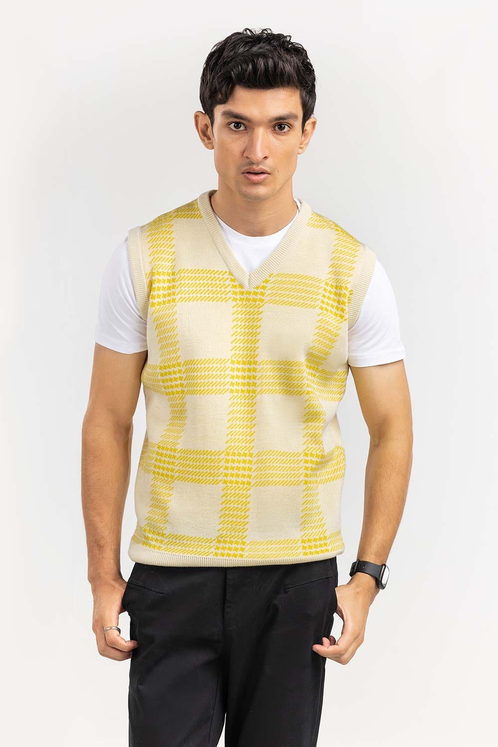 Multi Color Checkered V Neck Sleeveless Sweater SWT-FSLVN22-143-2