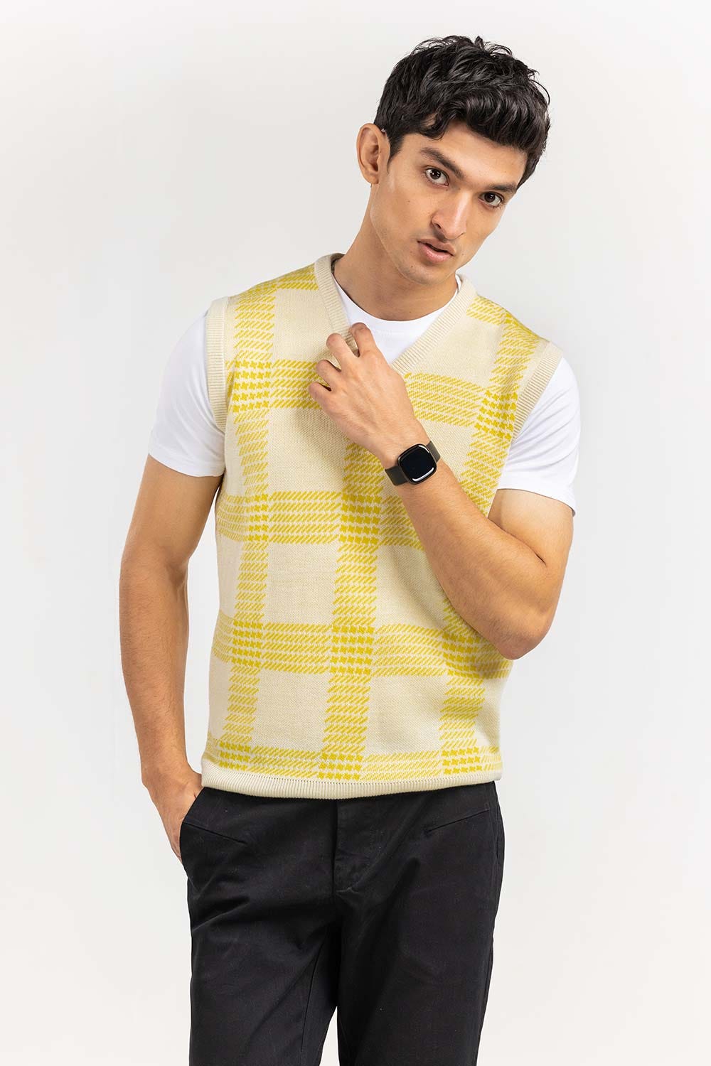 Multi Color Checkered V Neck Sleeveless Sweater SWT-FSLVN22-143-2