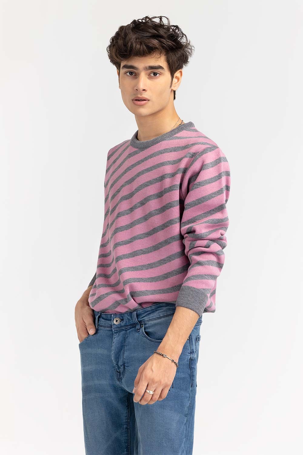 Multi Color Crew Neck Sweater Diagonal Striped SWT-FFSCN22-110-1
