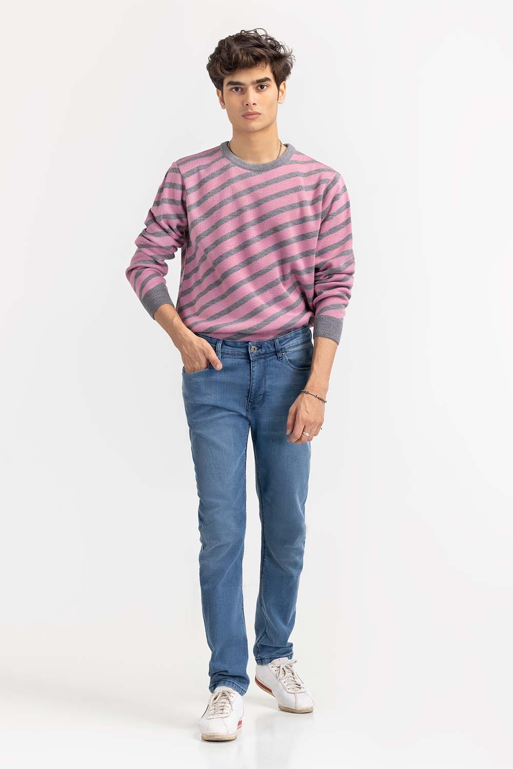 Multi Color Crew Neck Sweater Diagonal Striped SWT-FFSCN22-110-1