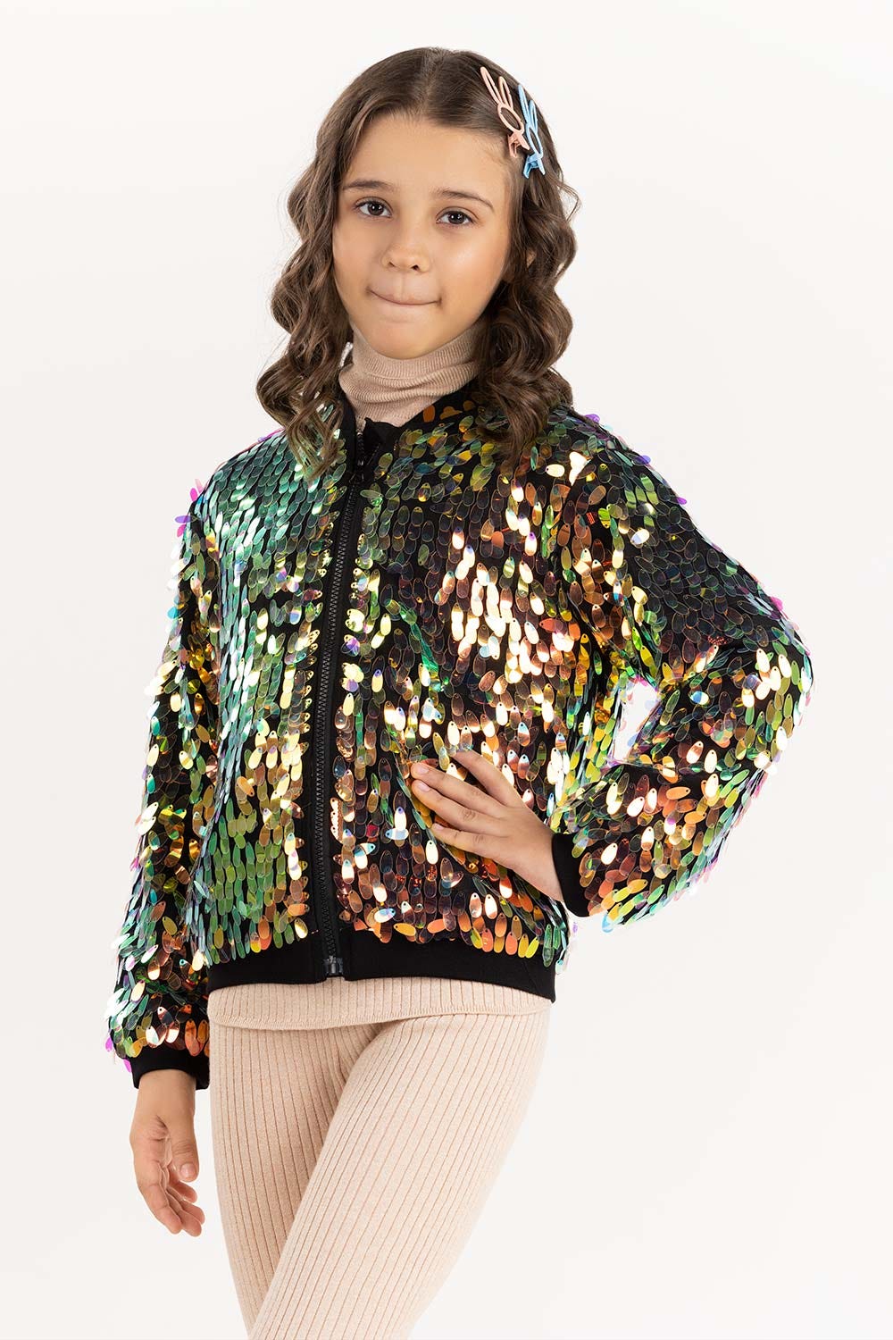 Junior Girl Multi Color Jacket With Embellished Medium Length 224-410-035