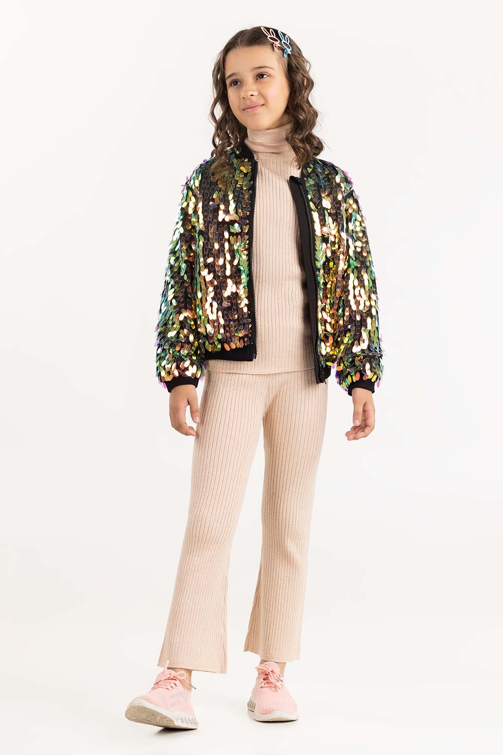 Junior Girl Multi Color Jacket With Embellished Medium Length 224-410-035