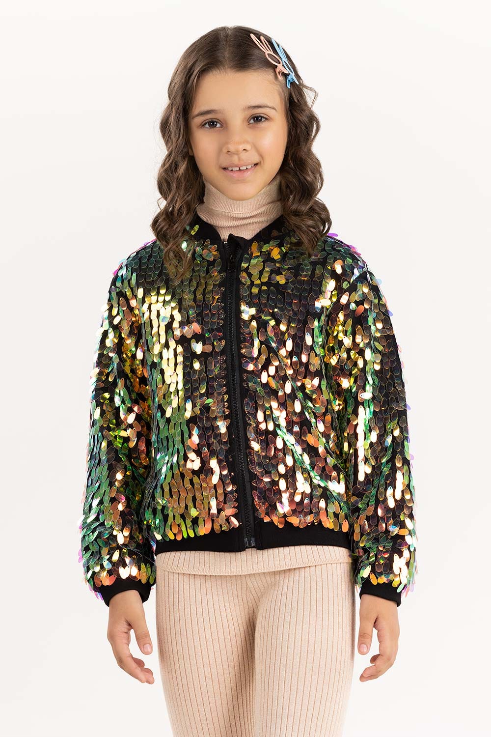 Junior Girl Multi Color Jacket With Embellished Medium Length 224-410-035