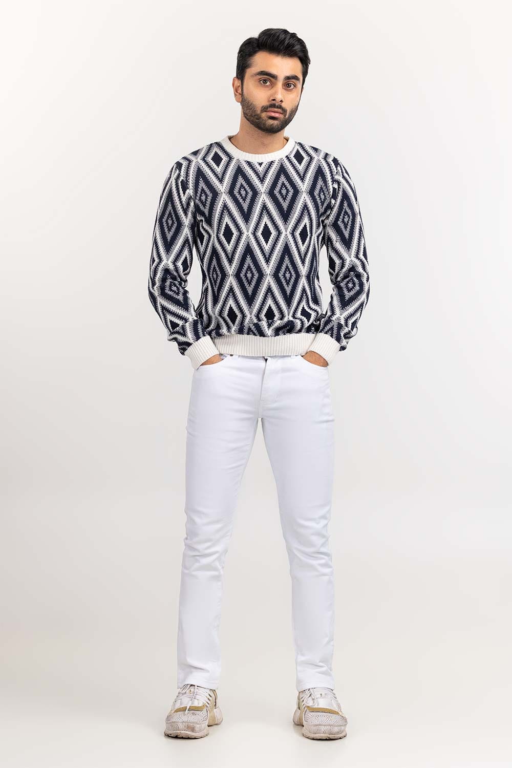 Multi Color Jacquard Crew Neck Sweater SWT-FFSCN22-179
