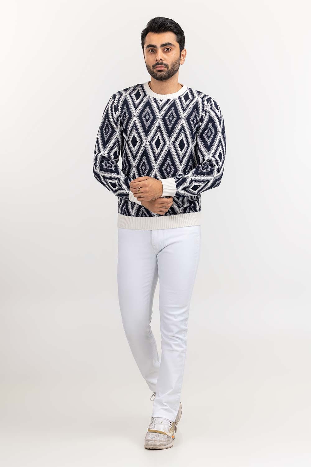 Multi Color Jacquard Crew Neck Sweater SWT-FFSCN22-179