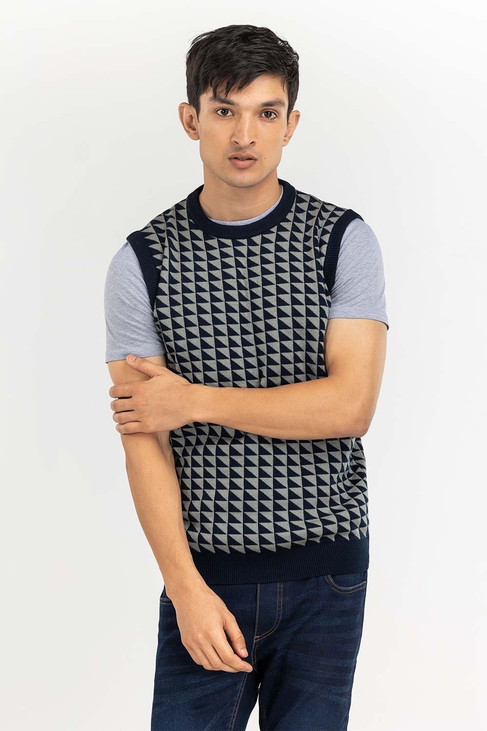 Multi Color Pattern Crew Neck Sleeveless Sweater SWT-FSLCN22-138