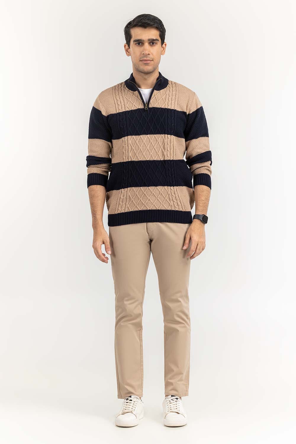 Multi Color Striped Cabling Half Zip Sweater SWT-FFSMNZ22-187