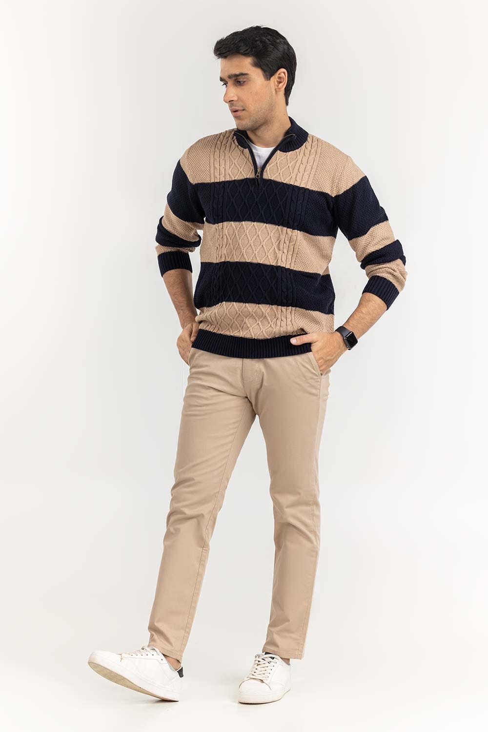 Multi Color Striped Cabling Half Zip Sweater SWT-FFSMNZ22-187