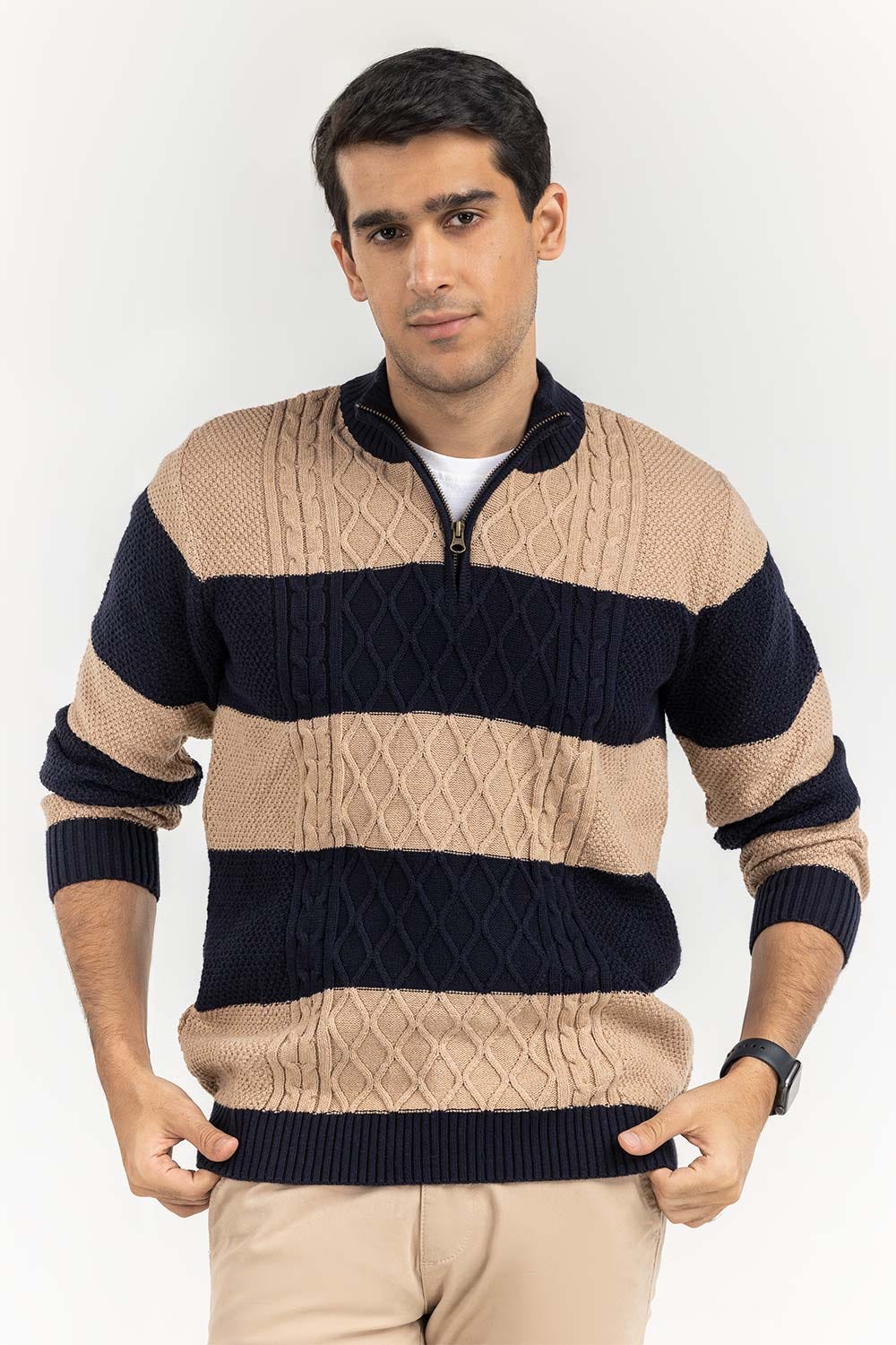 Multi Color Striped Cabling Half Zip Sweater SWT-FFSMNZ22-187