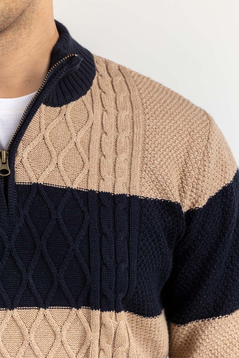 Multi Color Striped Cabling Half Zip Sweater SWT-FFSMNZ22-187