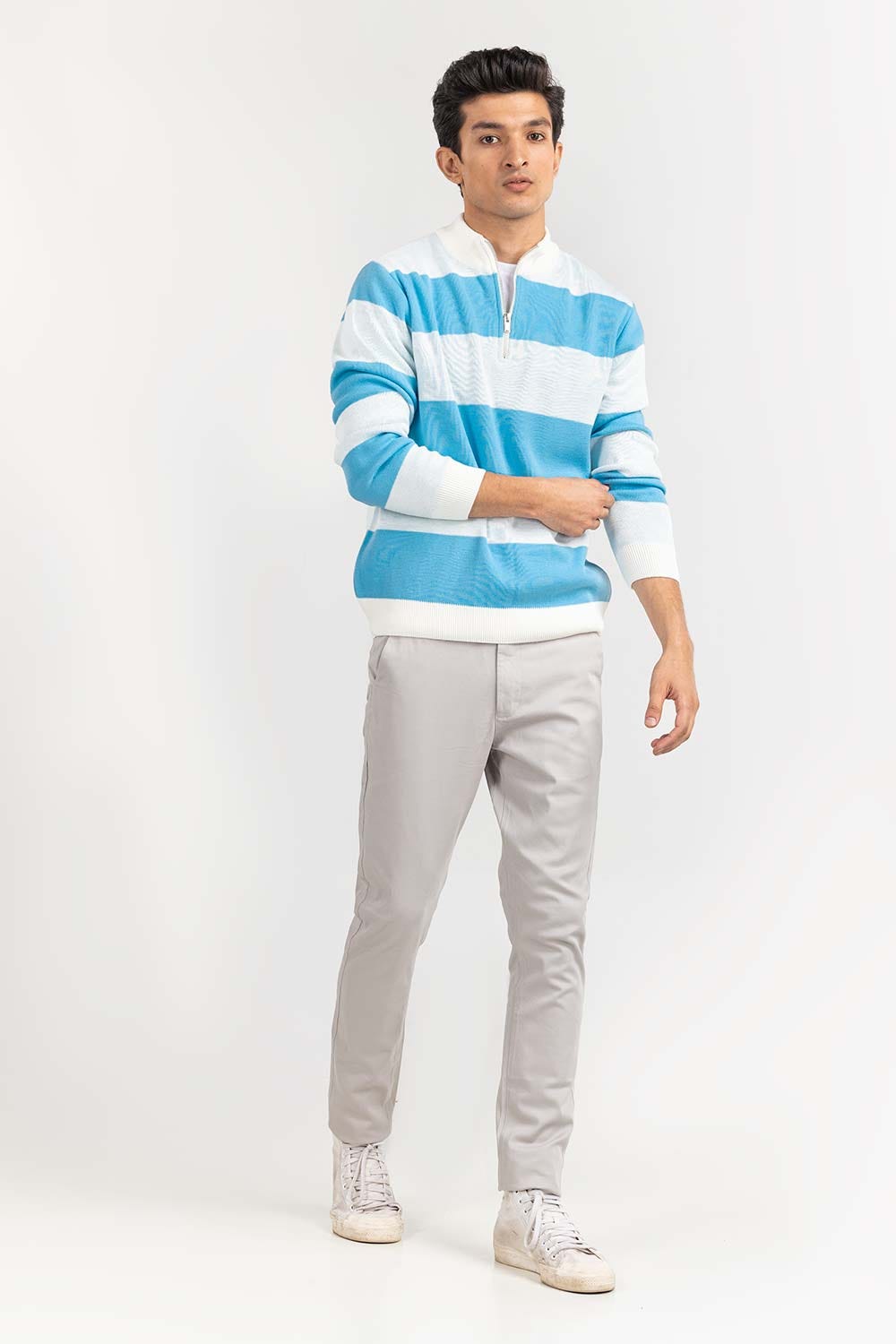 Multi Color Striped Mock Neck Half Zip Sweater SWT-FFSMNZ22-108