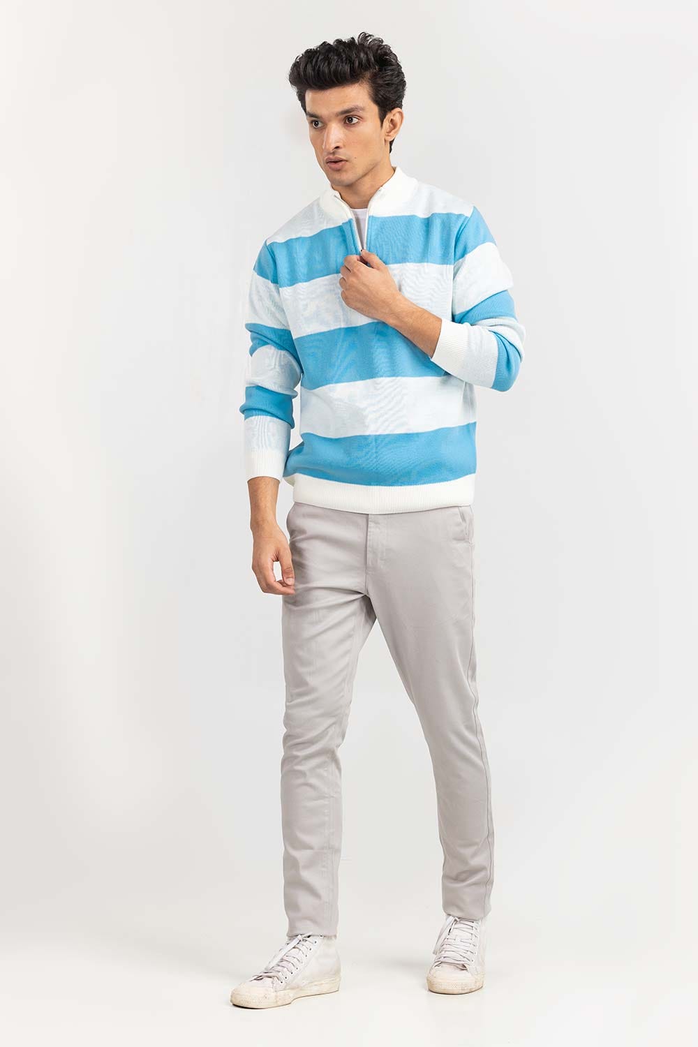 Multi Color Striped Mock Neck Half Zip Sweater SWT-FFSMNZ22-108