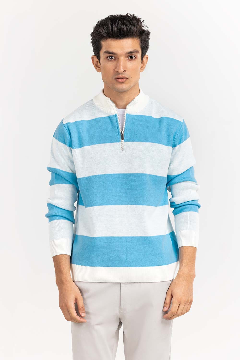 Multi Color Striped Mock Neck Half Zip Sweater SWT-FFSMNZ22-108