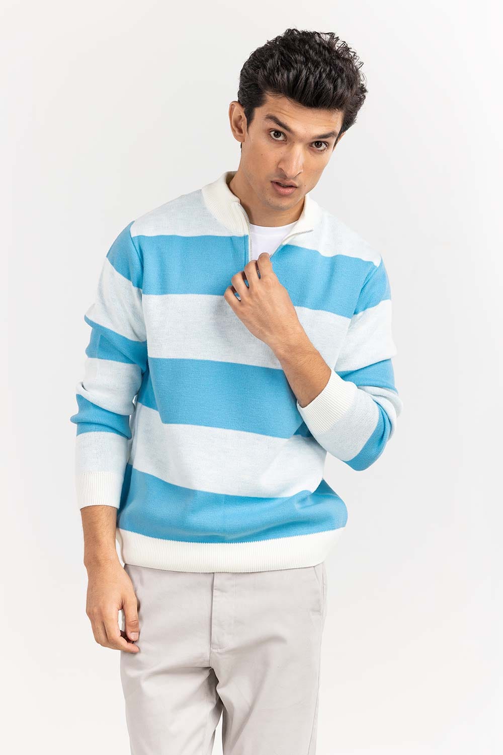 Multi Color Striped Mock Neck Half Zip Sweater SWT-FFSMNZ22-108