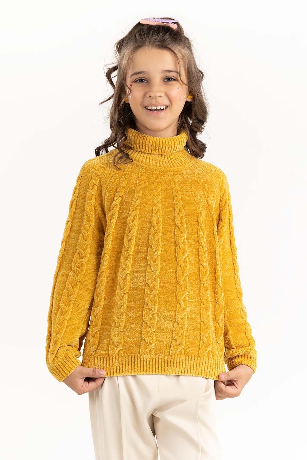 Junior Girl Mustard Cable-Knit Sweater With Turtle Neck 224-411-022