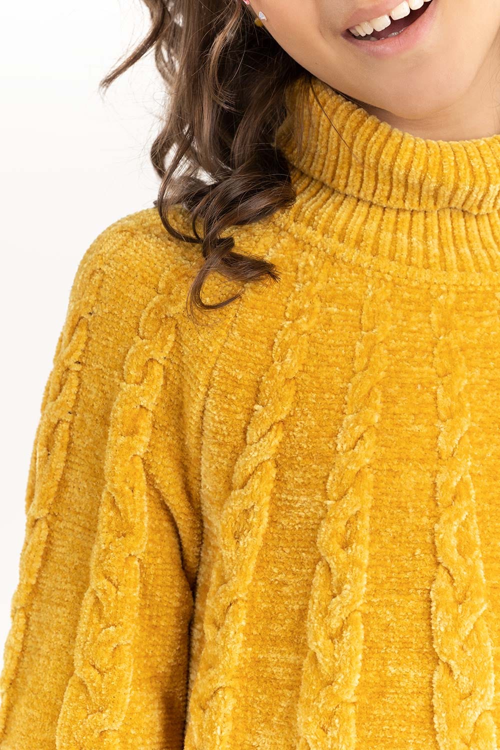 Junior Girl Mustard Cable-Knit Sweater With Turtle Neck 224-411-022