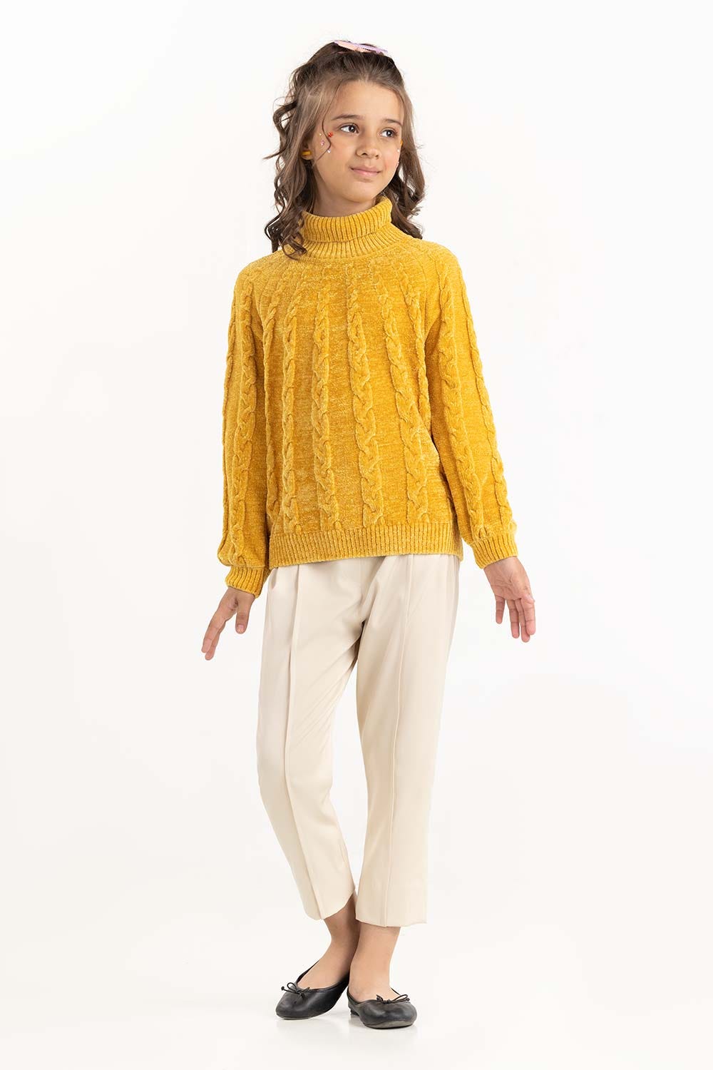 Junior Girl Mustard Cable-Knit Sweater With Turtle Neck 224-411-022