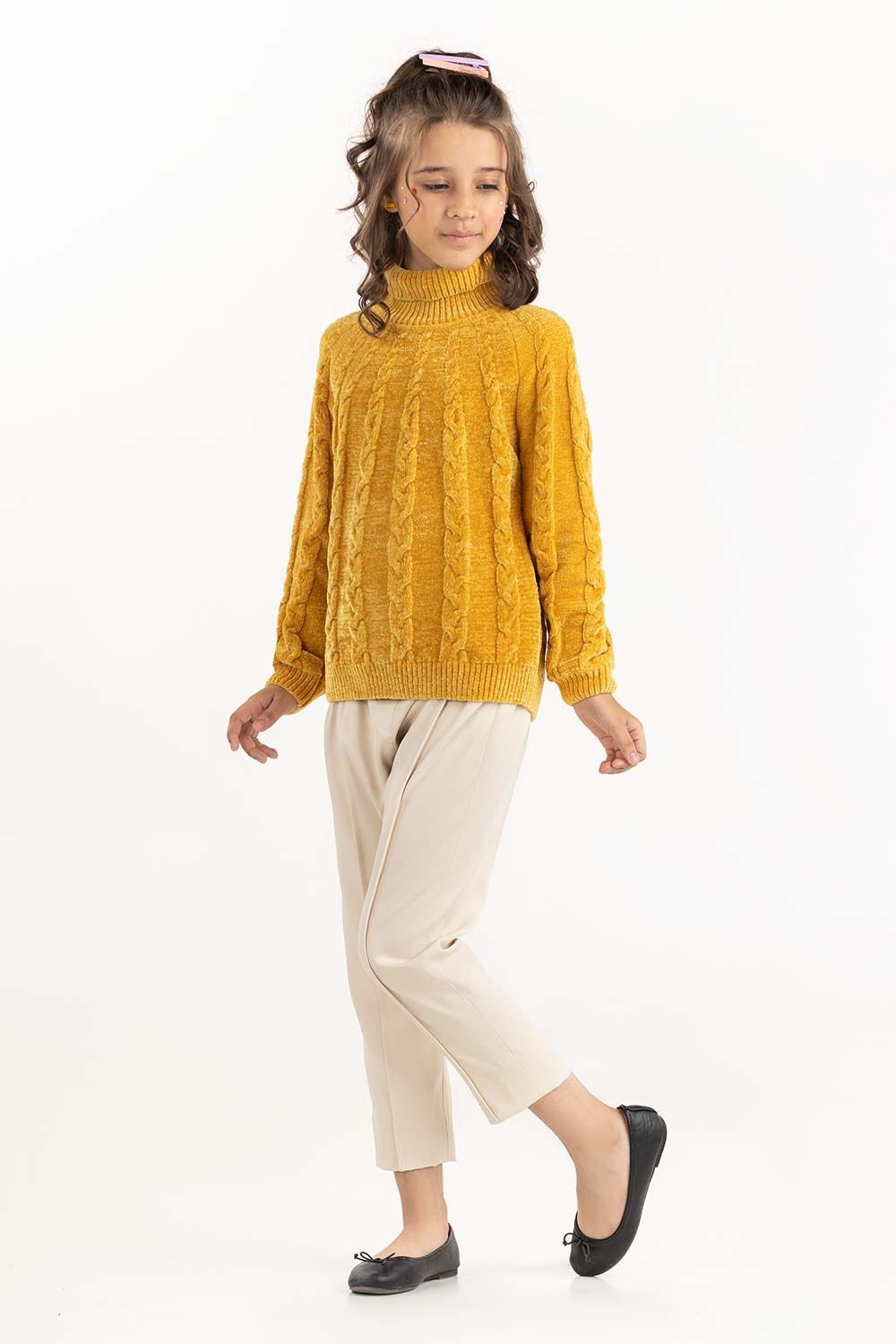 Junior Girl Mustard Cable-Knit Sweater With Turtle Neck 224-411-022