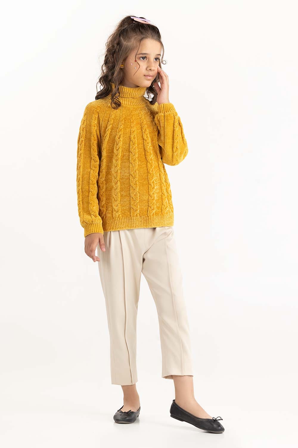Junior Girl Mustard Cable-Knit Sweater With Turtle Neck 224-411-022
