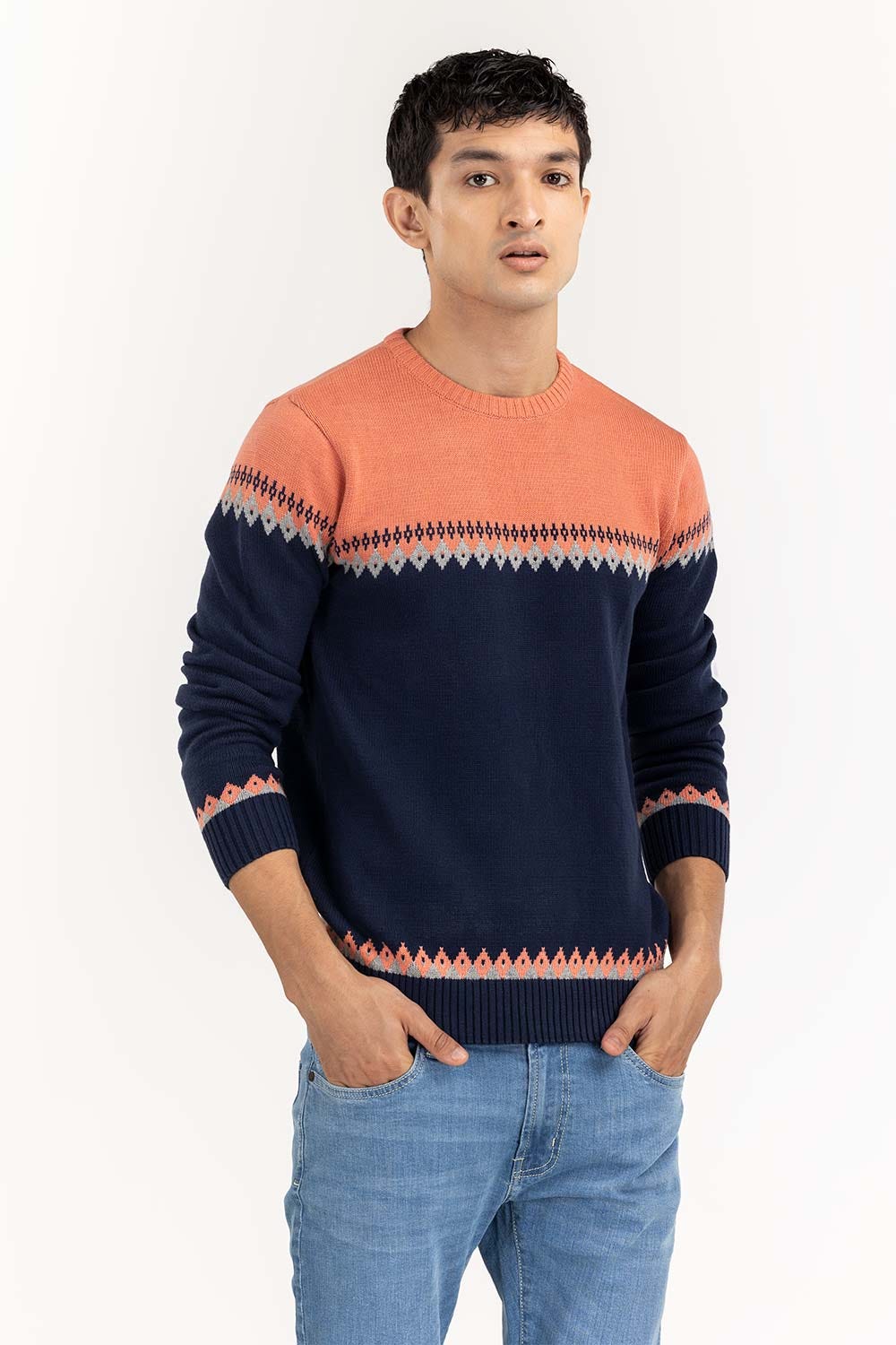 Navy-Grey Navajo Crew Neck Sweater SWT-FFSTN22-134