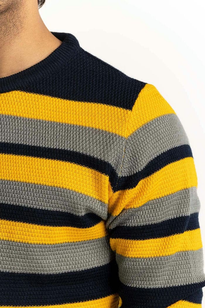 Navy-Yelllow Striped Textured Sweater SWT-FFSHL22-155
