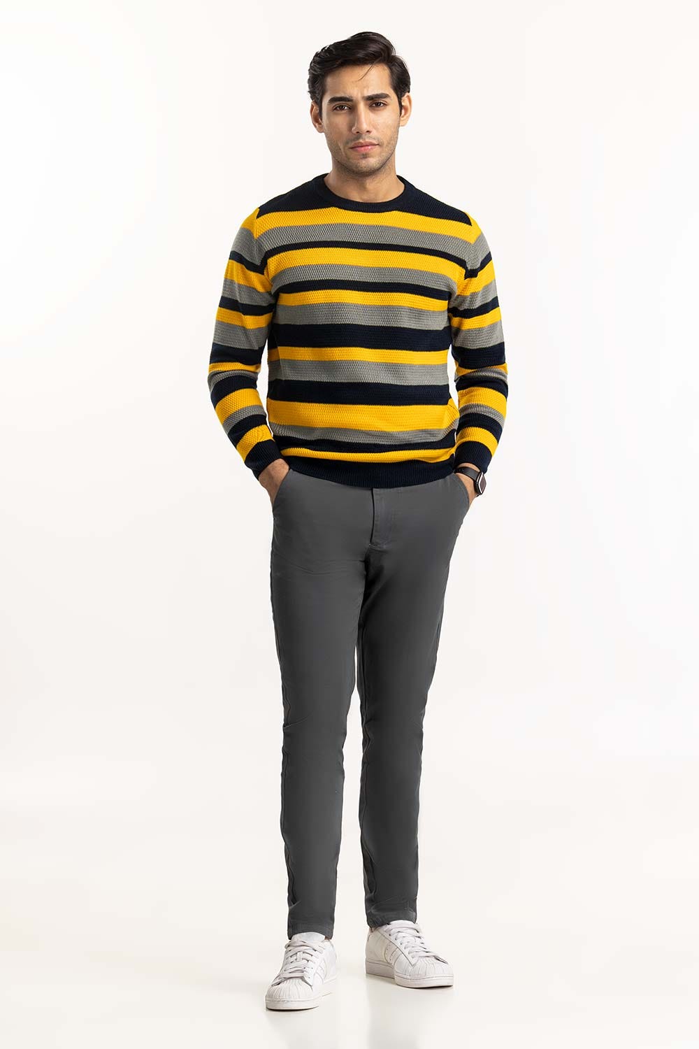 Navy-Yelllow Striped Textured Sweater SWT-FFSHL22-155