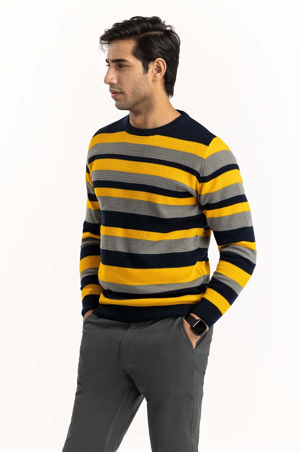 Navy-Yelllow Striped Textured Sweater SWT-FFSHL22-155