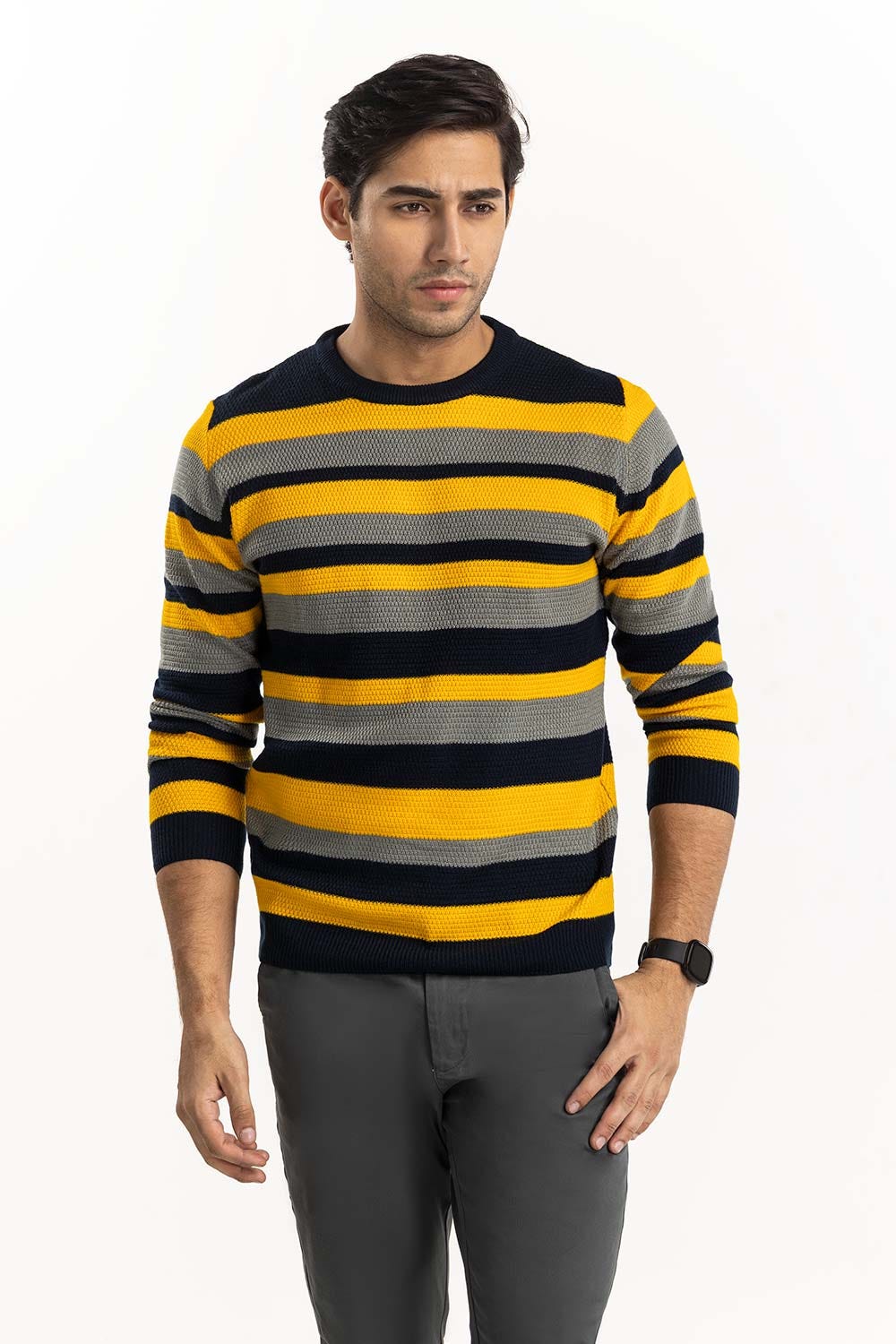 Navy-Yelllow Striped Textured Sweater SWT-FFSHL22-155