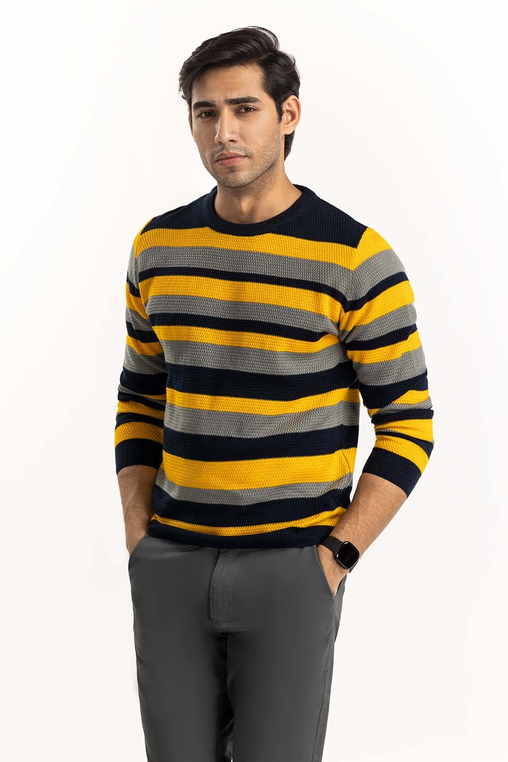 Navy-Yelllow Striped Textured Sweater SWT-FFSHL22-155